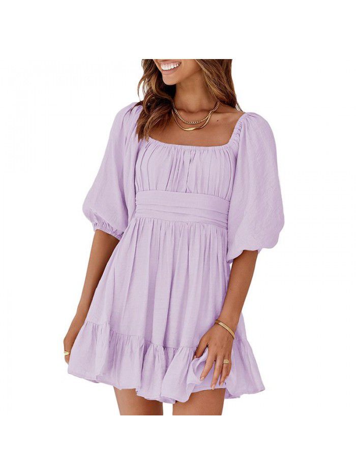Dress Women's New Summer Off Shoulder Solid Color Lacing Ruffle Sleeves Casual Dress Women