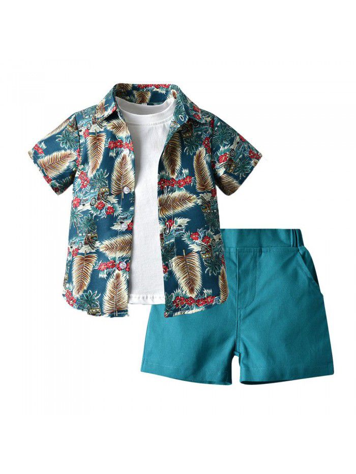 Children's Hawaii Set Boys' Fashion Flower Shirt Coat Short Sleeve T-shirt Shorts Three Piece Set 