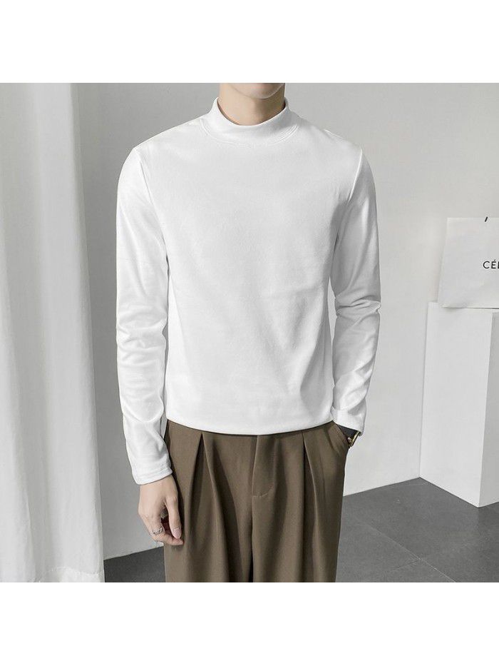 Autumn and Winter New Men's German Velvet Half High Neck Light Mature Style Long Sleeve T-shirt Men's Solid Round Neck Large Casual Bottom Shirt 