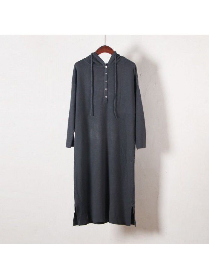 Hooded sweater knitted dress women's thickened autumn and winter casual medium length sweater long skirt over the knee 
