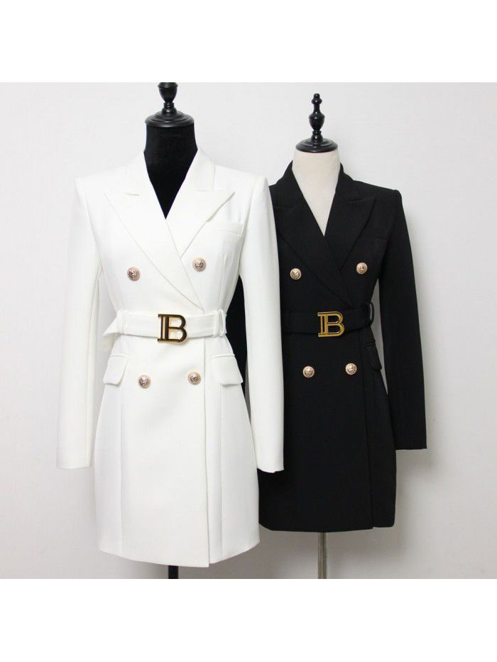 Spring and Autumn New Fashion High grade Solid Color Belt Long Sleeve Slim Fit Temperament Commuter Suit Dress Women 