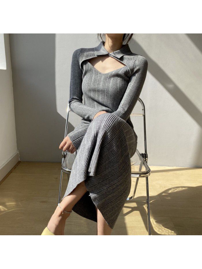 Slim Fake Two Piece Dress Women's Winter Celebrity Ladies Long Dress Temperament Slim Fit Skirt 