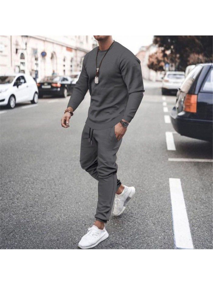 Long sleeved casual suit for men's solid color trend sports suit for men 