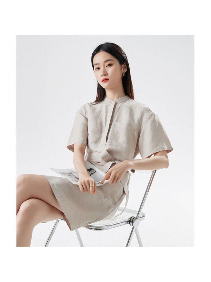 Spring New Women's Short Sleeve Design Feeling Waistband Round Neck Mid length Dress 