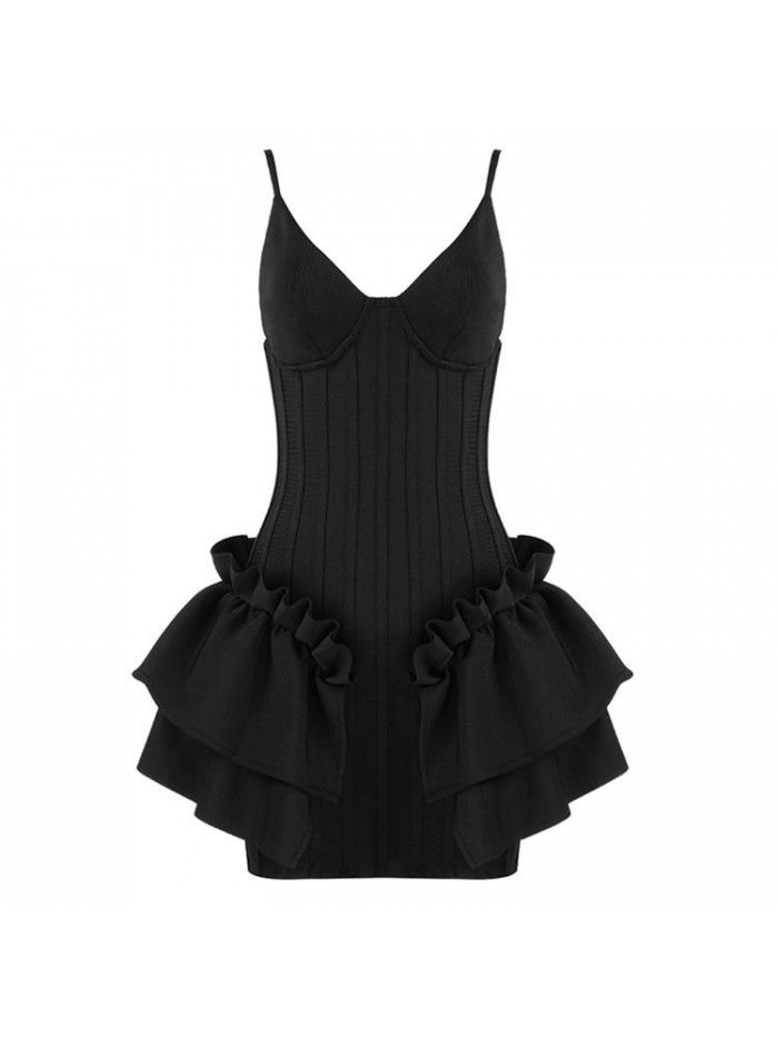 Women's suspender V-neck ruffled edge, European and American sexy leaky back party, mini buttocks dress wholesale and retail 