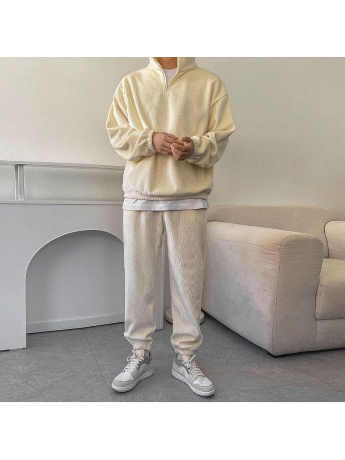 Trendy Sports Set Men's Autumn and Winter Loose Standing Neck Sweater Tie Feet Casual Pants Two Piece Set 