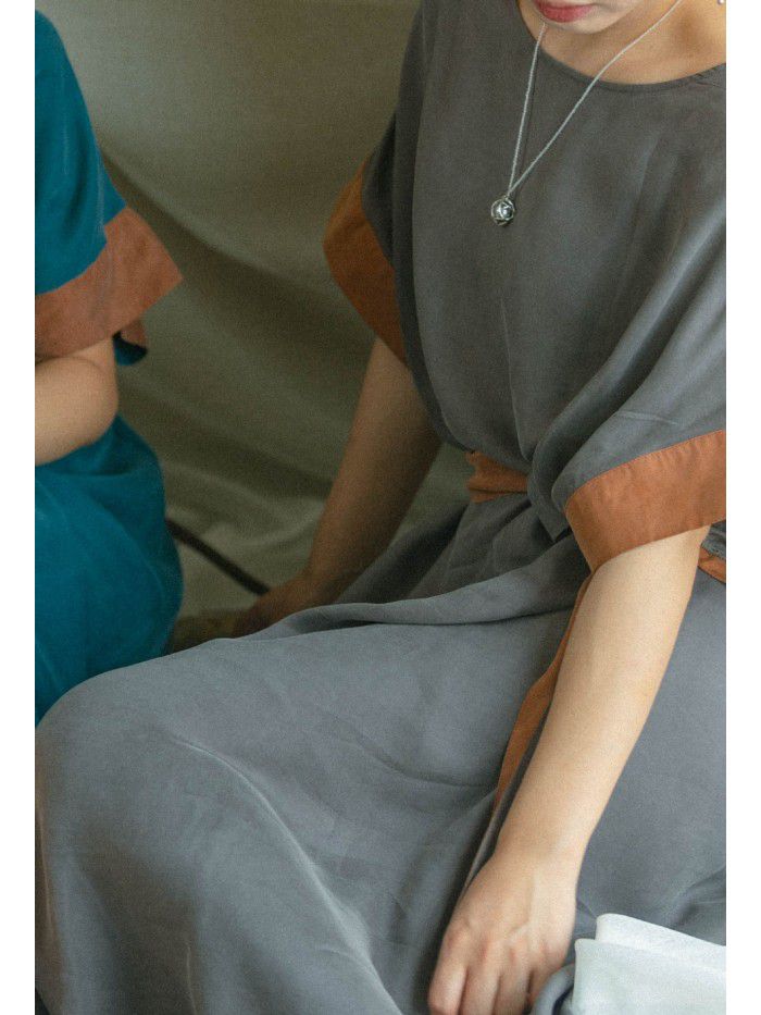 Spring and Summer Women's New Copper Spandex Contrast Loose Pullover Waistband Dress 