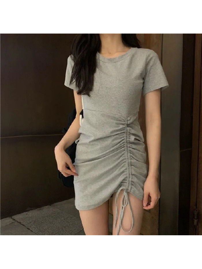 New Short Sleeve Temperament Girlfriend Dress Women's Summer Sexy Strap Drawstring Slim Wrap Hip Skirt 