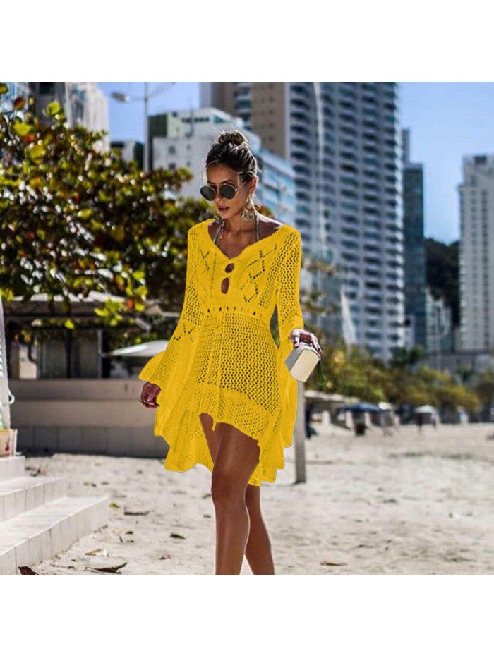 Women's Irregular Deep V Sexy Flare Sleeve Hollow out Woven Beach Cover Dress 