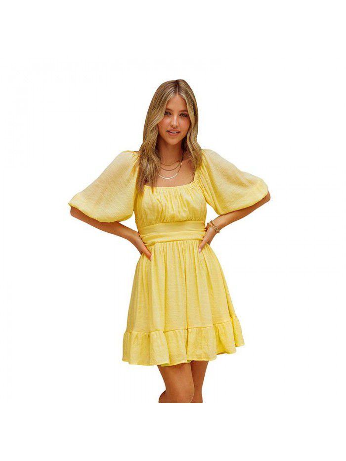 Dress Women's New Summer Off Shoulder Solid Color Lacing Ruffle Sleeves Casual Dress Women