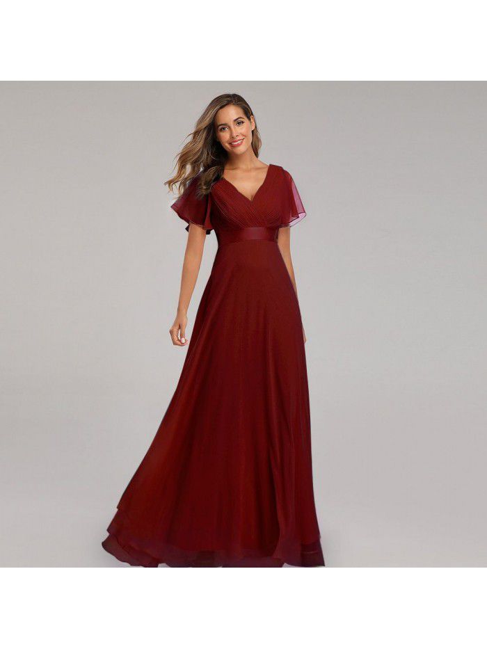 Spring/Summer Handmade Folded Big Swing Double V-neck Flare Sleeve Dress Elastic Chiffon Banquet Bridesmaid Large Evening Dress 