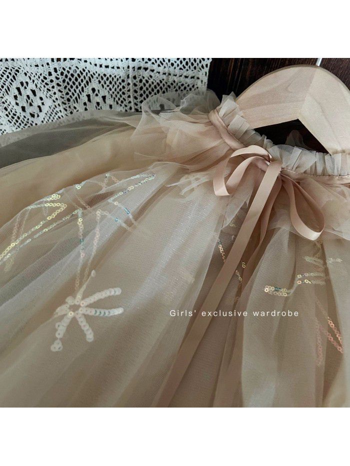 Korean Children's Wear New Autumn Girls' Mesh Princess Dress Lantern Sleeve Temperament Dress Sequin Birthday Dress 