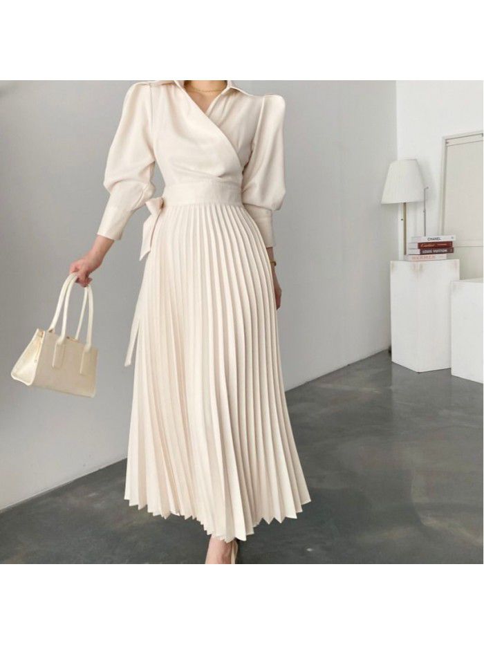 New lapel side bow tie waist show thin bubble sleeve pleated dress 