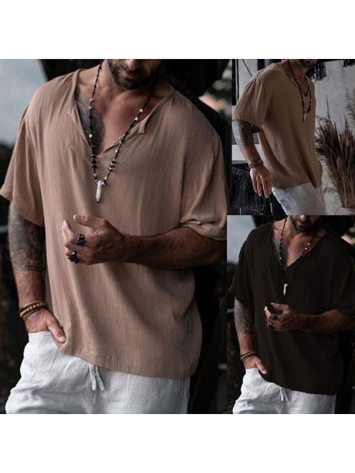 Men's cotton round neck shirt loose solid collar m...