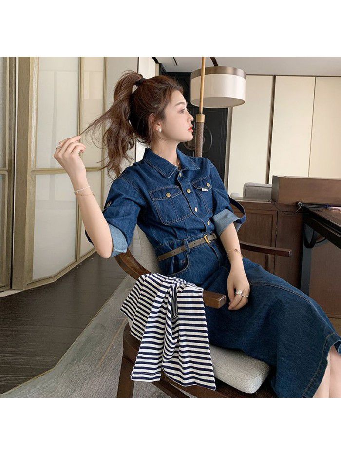 Small crowd design feeling shawl tea break French denim dress New popular long skirt for women's spring wear 