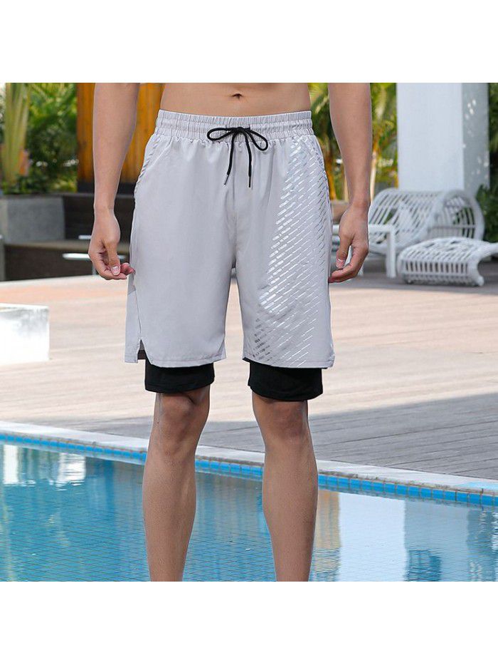 Fake Two Piece Double Layer Quick Drying Sports Shorts for Men's New Printed Breathable Split Running Fitness Capris 