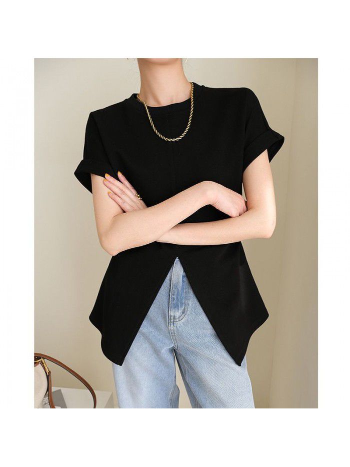 Split Shoulder T-shirt for Women's Summer New Style Waist Slim Fit and Slim Fit Short Sleeve Top 