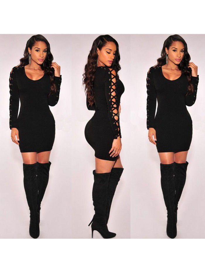 Spring and Autumn New Popular Women's Round Neck Strap Off Shoulder Black Dress 