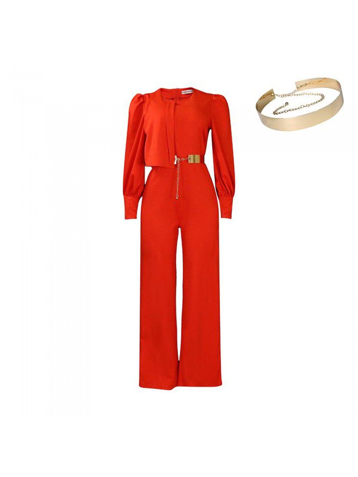 Spring New Long Sleeve Casual Fashion Wide Leg Large Jumpsuit 