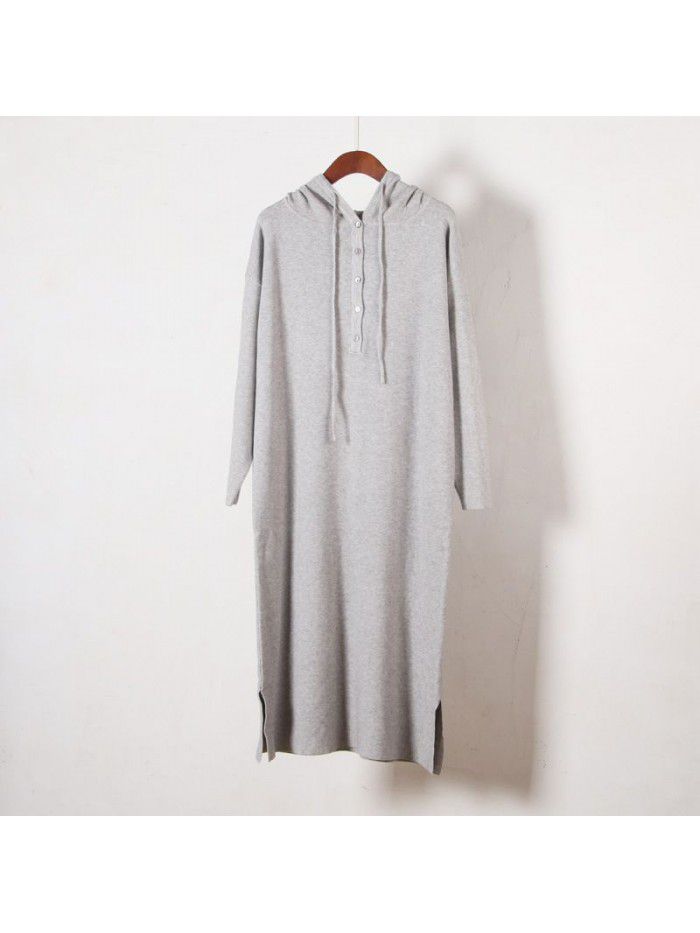 Hooded sweater knitted dress women's thickened autumn and winter casual medium length sweater long skirt over the knee 