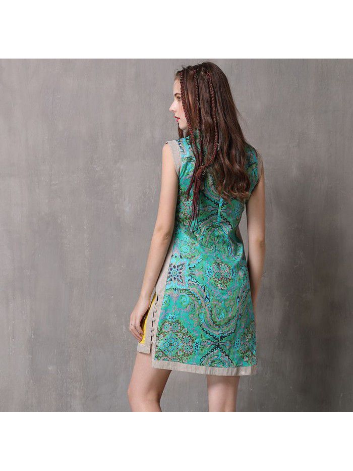 Summer new button improved cheongsam vintage cotton and linen patchwork vest dress 