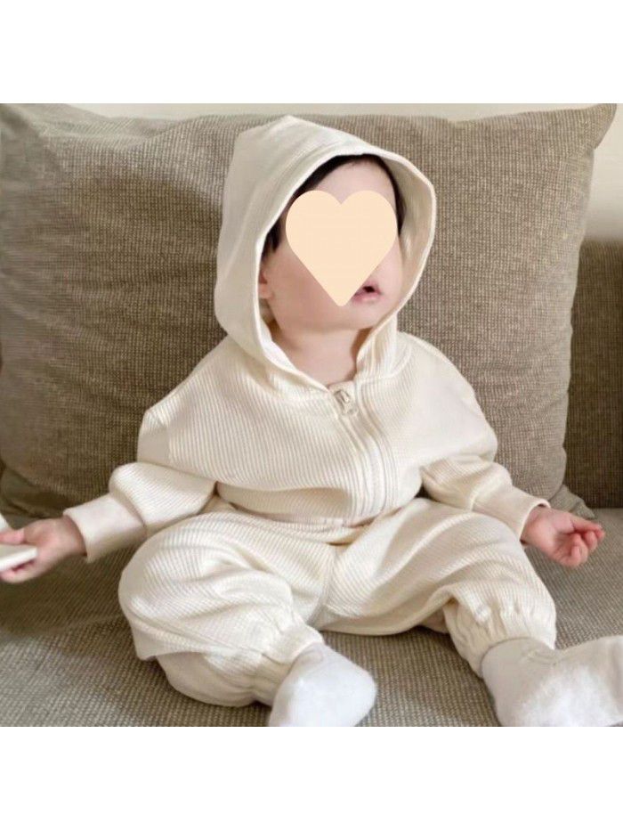 Children's casual set, spring and autumn styles, baby waffle hooded men's and women's baby sweaters and pants two-piece set 