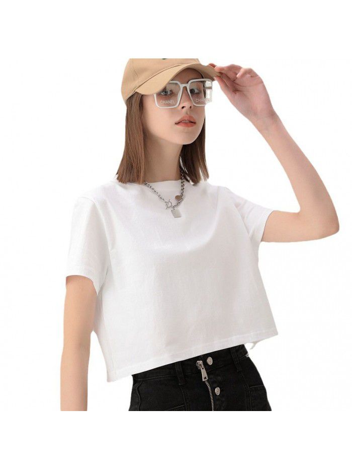 Short cut navel exposed short sleeved t-shirt for women Spring/Summer new niche short cut t-shirt made of pure cotton 