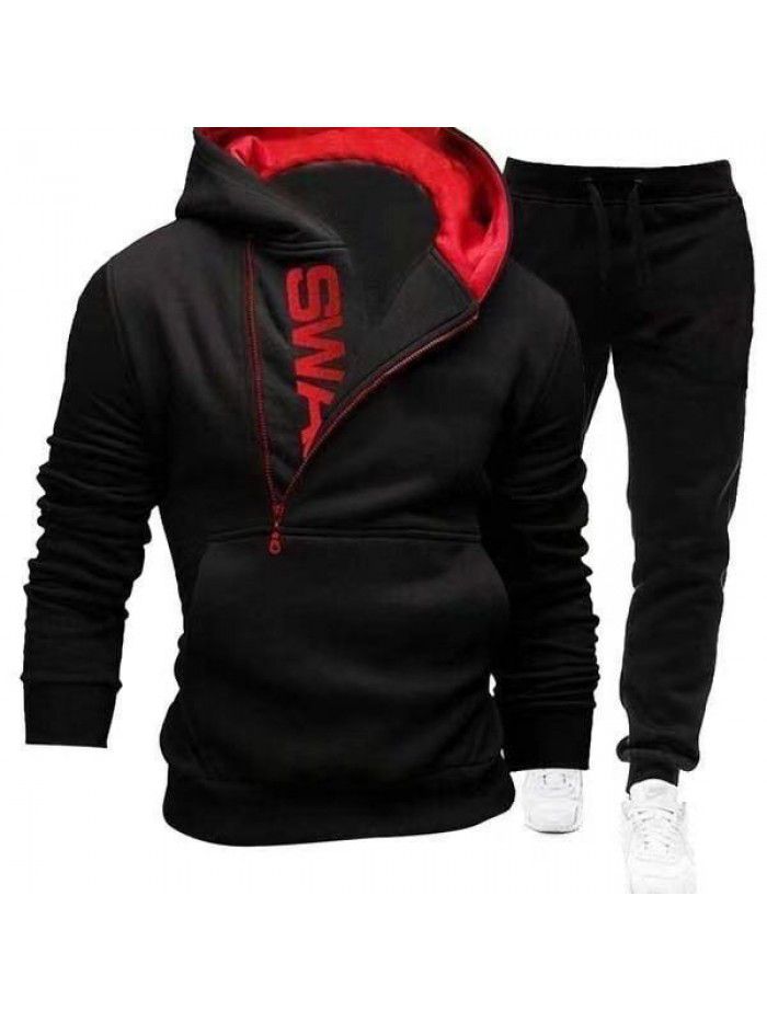 New Men's Hooded Oblique Zipper Print Pullover Two Piece Sweater Pants Outer Set 