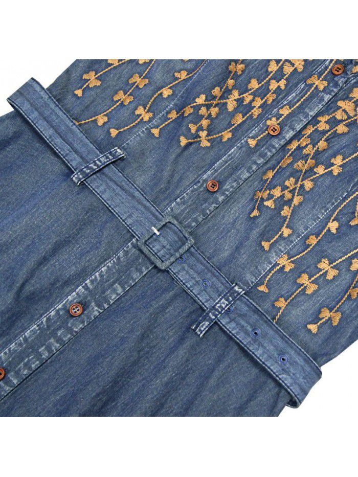 Vintage embroidery lapel belt temperament denim skirt mid length slimming autumn dress 