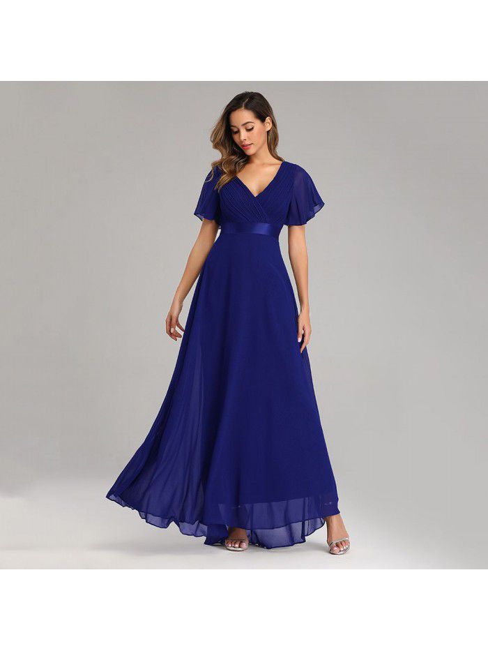 Spring/Summer Handmade Folded Big Swing Double V-neck Flare Sleeve Dress Elastic Chiffon Banquet Bridesmaid Large Evening Dress 