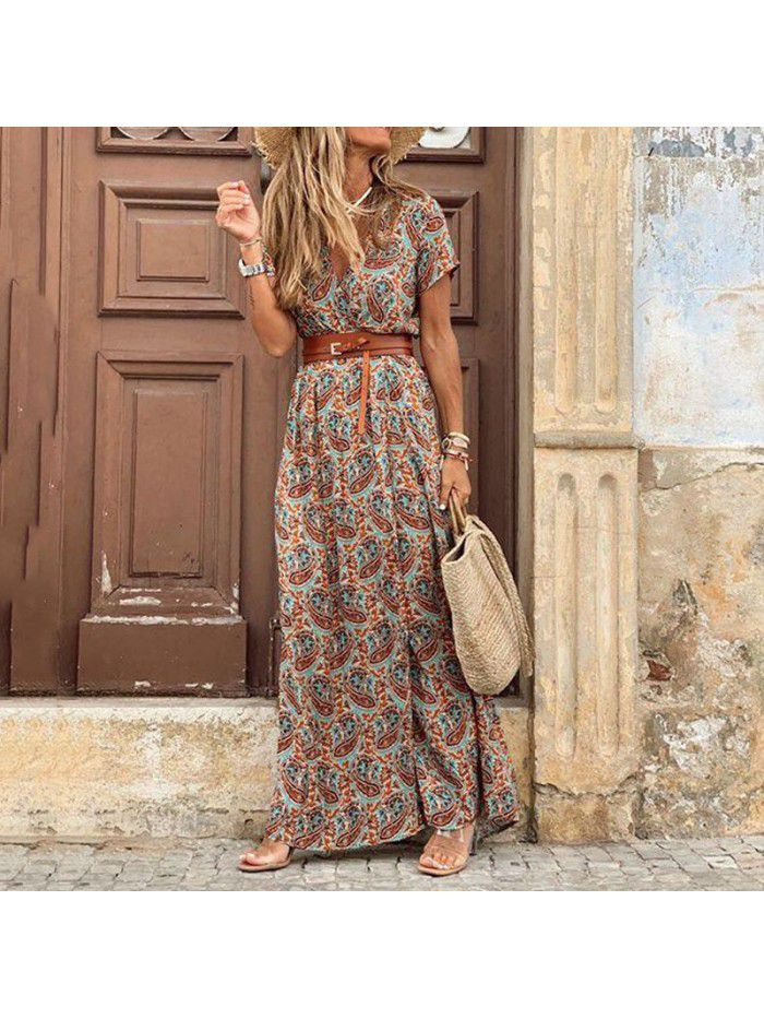 Bohemian style waistband printed long dress dress  Bohemian style waistband printed long dress dress