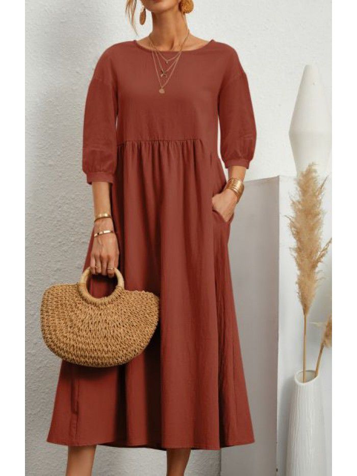 New Women's Solid Color Fashion Lantern Sleeves Loose Cotton Linen Pocket Dress 