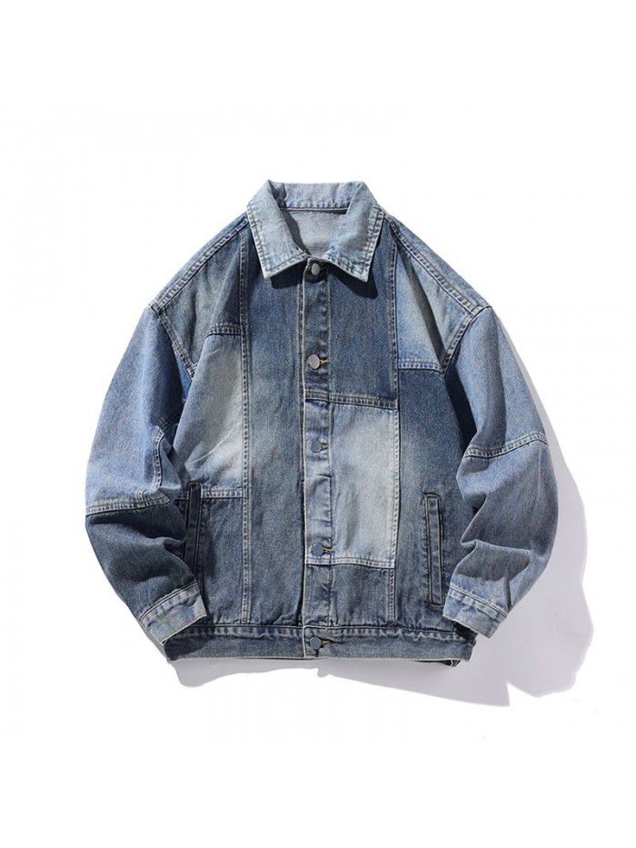 Large size patchwork denim jacket for men in spring and autumn, European and American retro loose top, casual Japanese work jacket