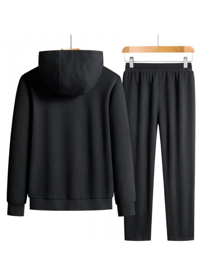 Spring and Autumn New Leisure Sports Pearl Cotton Large Set Men's Trendy Solid Hooded Set 