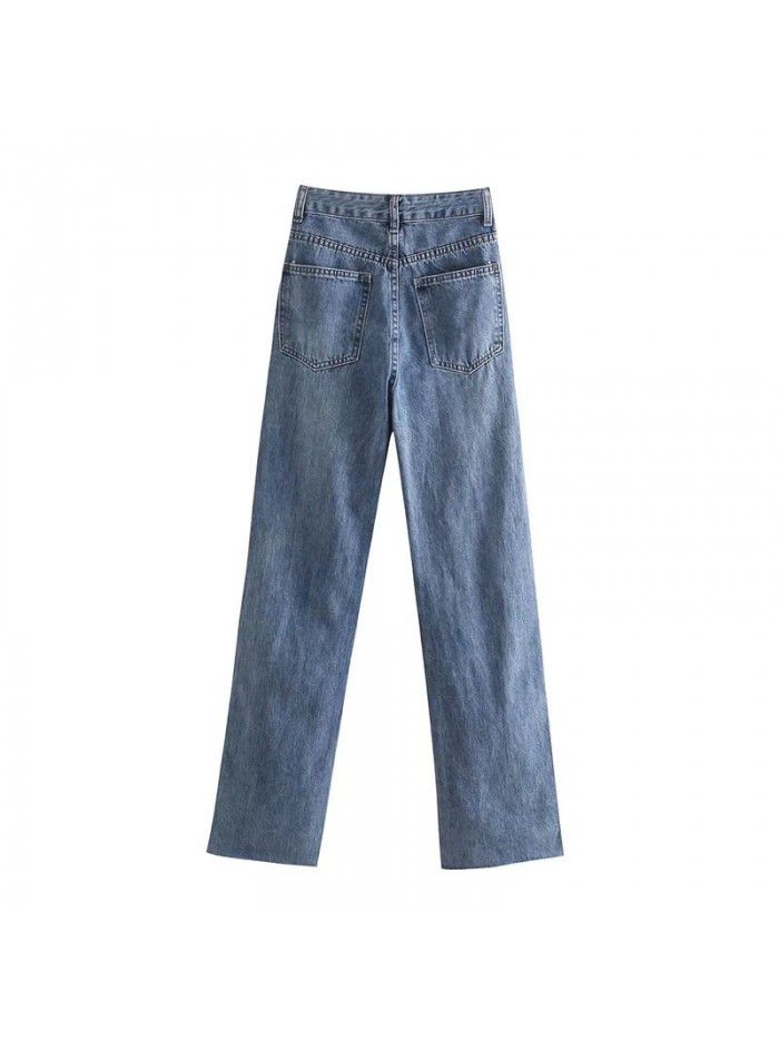 Women's Spring New Style Women's Washable Slim Perforated Decorative Wide Leg High Waist Jeans 