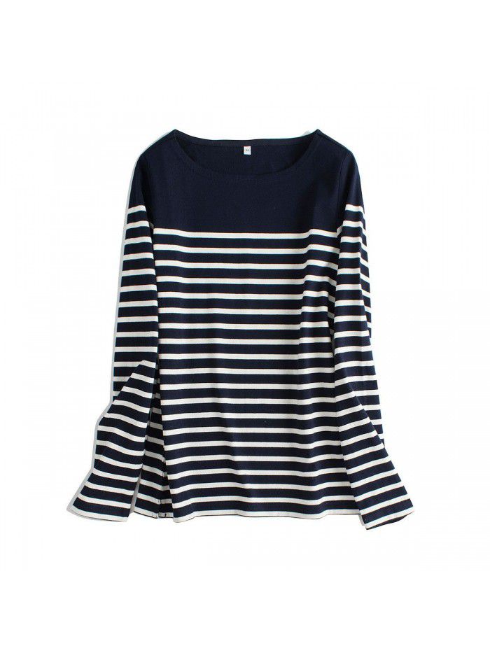 New coarse cotton striped T-shirt for women with long sleeved tops and autumn bottoms for women with loose spring and autumn bottoms for women 