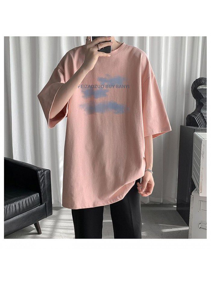 New pure cotton short sleeved T-shirt for men's creative trendy brand loose fitting men's half sleeved round neck T-shirt for men's clothing 