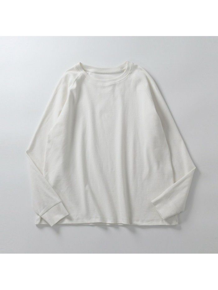 Japanese simple literary style pure white round-neck pullover T-shirt for women's versatile bottom brushed comfortable raglan sleeve top 