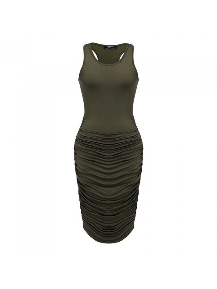 Summer European and American Fashion Women's Sexy Dress Slim Fit Pleated Sleeveless Tank Top Wrapped Hip Dress