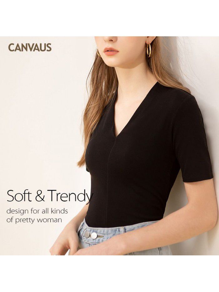 Summer Women's New Western Style Cotton V-neck Short Sleeve Short Sleeve Slim Fit Top T-shirt for Women 