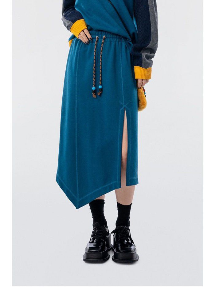 Simple and casual design, irregular split drawstring A-line half skirt, women's slim half skirt 