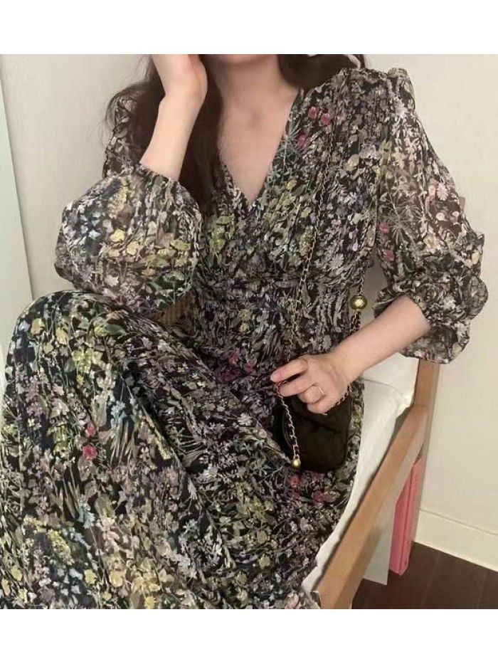 Autumn New Style Gentle and Solid Fairy Fragmented V-neck Chiffon Dress Long Dress  Autumn New Style Gentle and Solid Fairy Fragmented V-neck Chiffon Dress Long Dress
