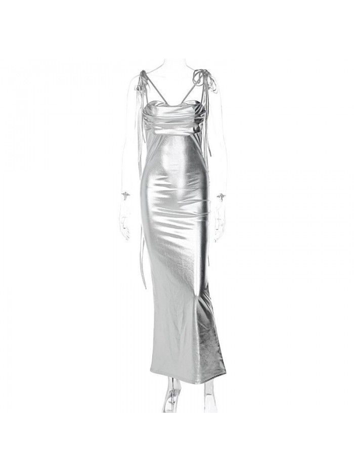 Spring Women's New Sexy Open Back Strap Long Dress Pleated Style Dress for Women 
