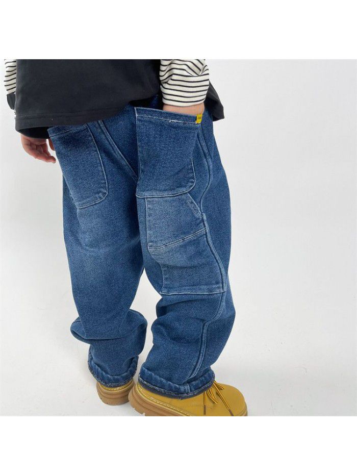 Boys' Jeans New Plush Jeans Relaxed Workwear Jeans Soft Denim Pants 