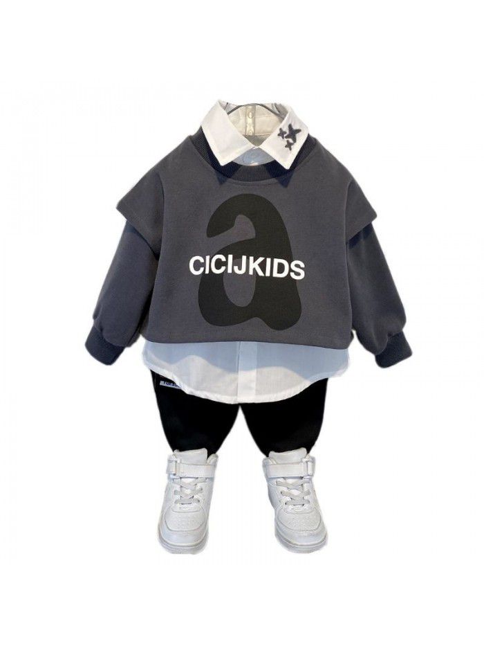 Boys' Spring Shirt Set for Children's Spring and Autumn Fashion Vest Handsome Baby 