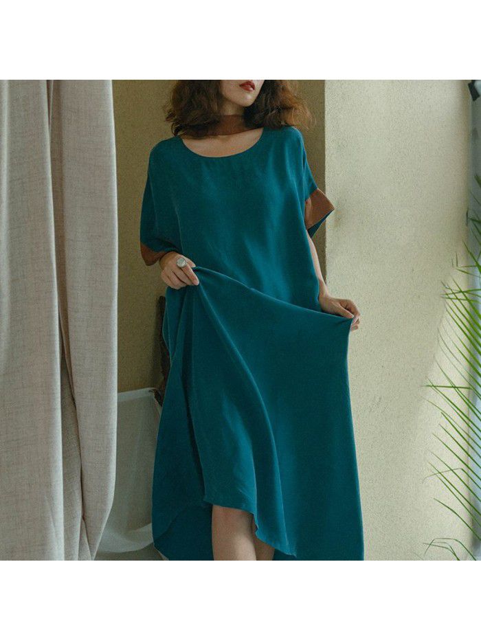 Spring and Summer Women's New Copper Spandex Contrast Loose Pullover Waistband Dress 