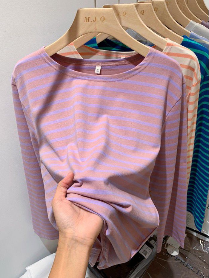 Cotton loose striped bottom shirt for women with spring and autumn Korean design sense long-sleeved T-shirt round neck versatile top 