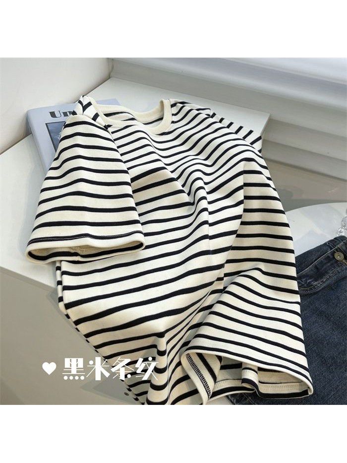 Plush matte striped round neck short sleeved T-shirt for women's spring loose beige apricot stripe bottom top 