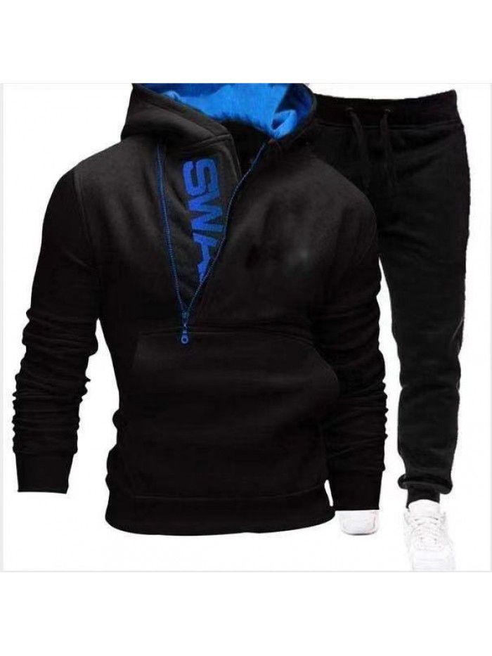 New Men's Hooded Oblique Zipper Print Pullover Two Piece Sweater Pants Outer Set 