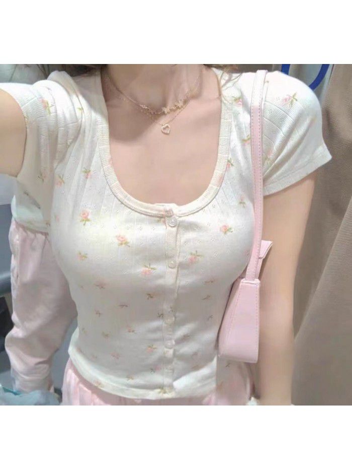 Summer short sexy floral cardigan T-shirt slim fitting short sleeved top for women 